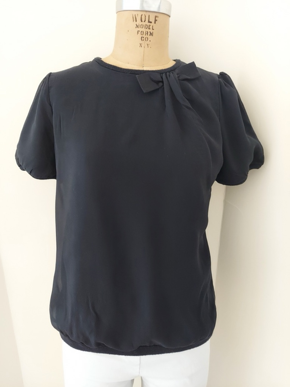 Ann Taylor Black Short-Sleeve Bow Neck Blouse